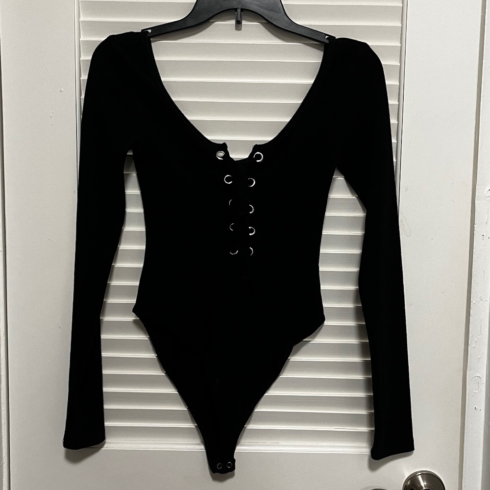 Black Lace-Up Front Bodysuit with Long Sleeves